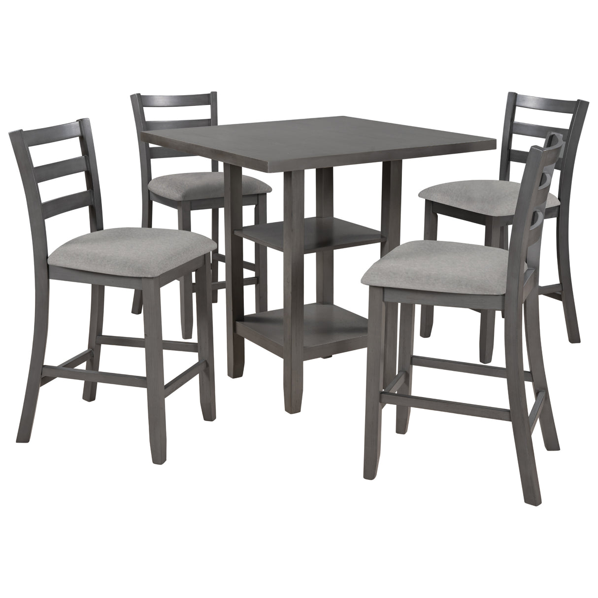 TREXM 5-Piece Wooden Counter Height Dining Set with Padded Chairs and Storage Shelving (Gray) - Home Elegance USA