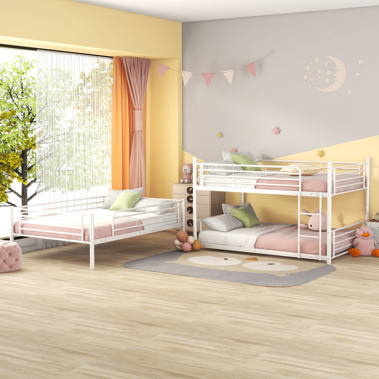 Full-Full-Full Metal  Triple Bed  with Built-in Ladder, Divided into Three Separate Beds,White - Home Elegance USA