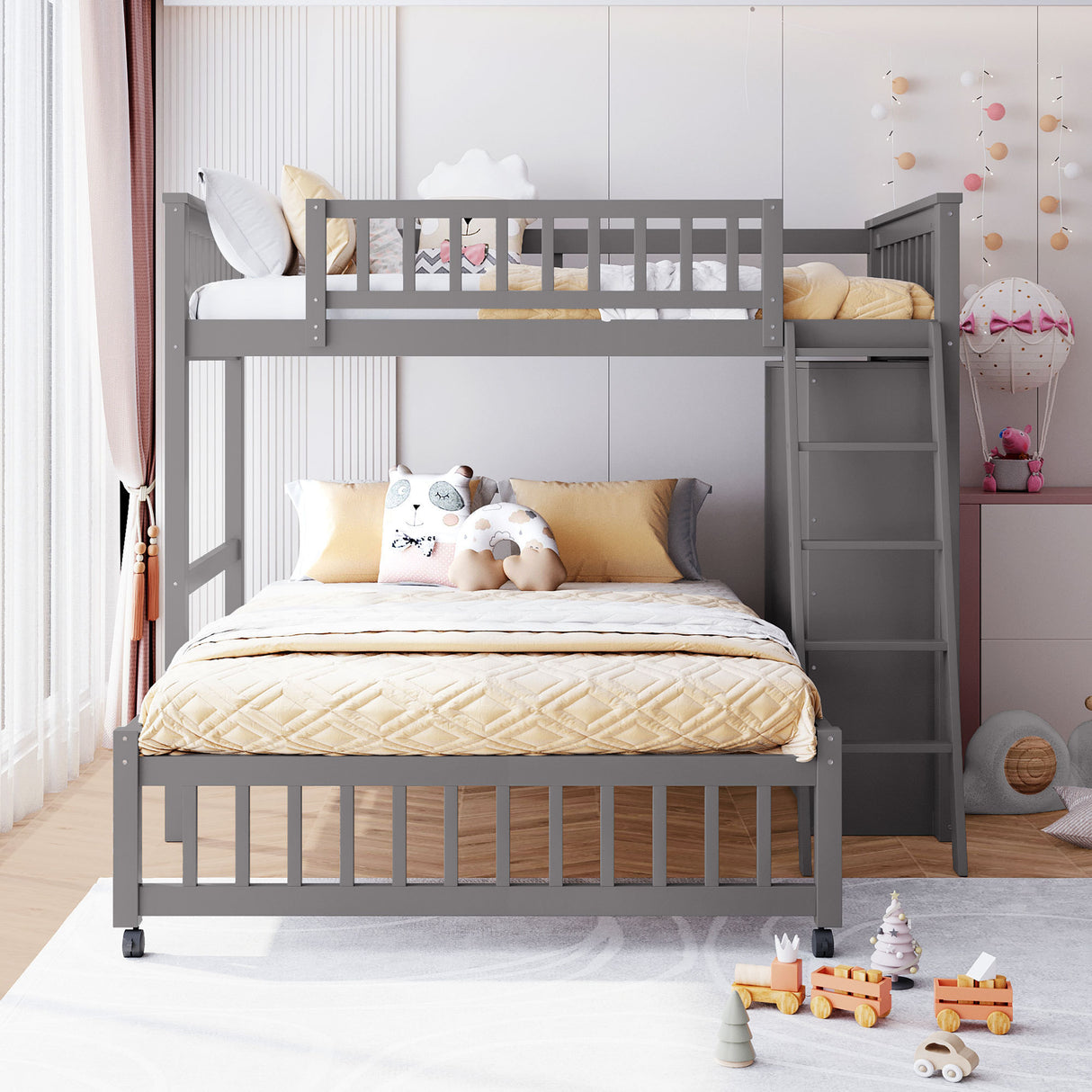 Wooden Twin Over Full Bunk Bed With Six Drawers And Flexible Shelves,Bottom Bed With Wheels,Gray(OLD SKU:LP000531AAE) - Home Elegance USA