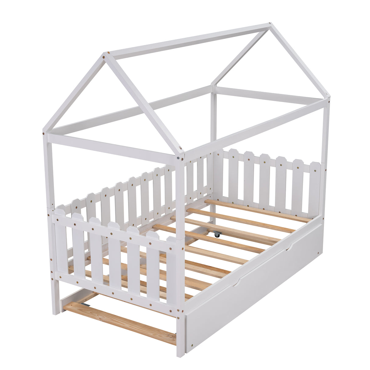 Twin Size House Bed with trundle, Fence-shaped Guardrail, White(New) - Home Elegance USA