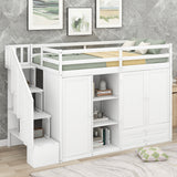 Functional Loft Bed with 3 Shelves, 2 Wardrobes and 2 Drawers,  Ladder with Storage, No Box Spring Needed, White - Home Elegance USA