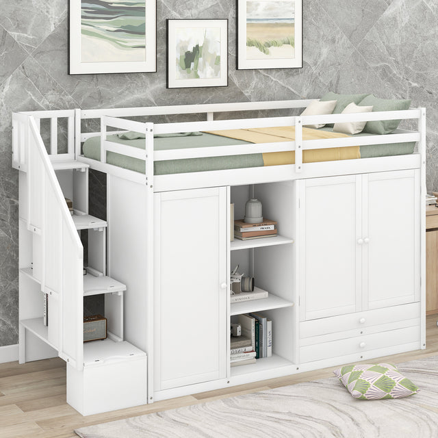 Functional Loft Bed with 3 Shelves, 2 Wardrobes and 2 Drawers,  Ladder with Storage, No Box Spring Needed, White - Home Elegance USA