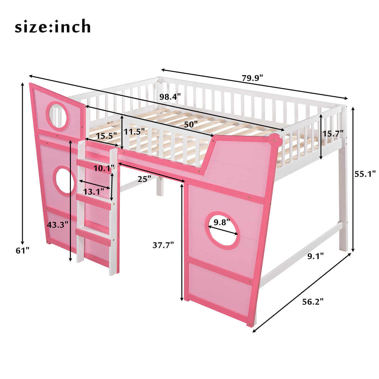 Full Size Boat Shape Loft Bed with Ladder-Pink - Home Elegance USA