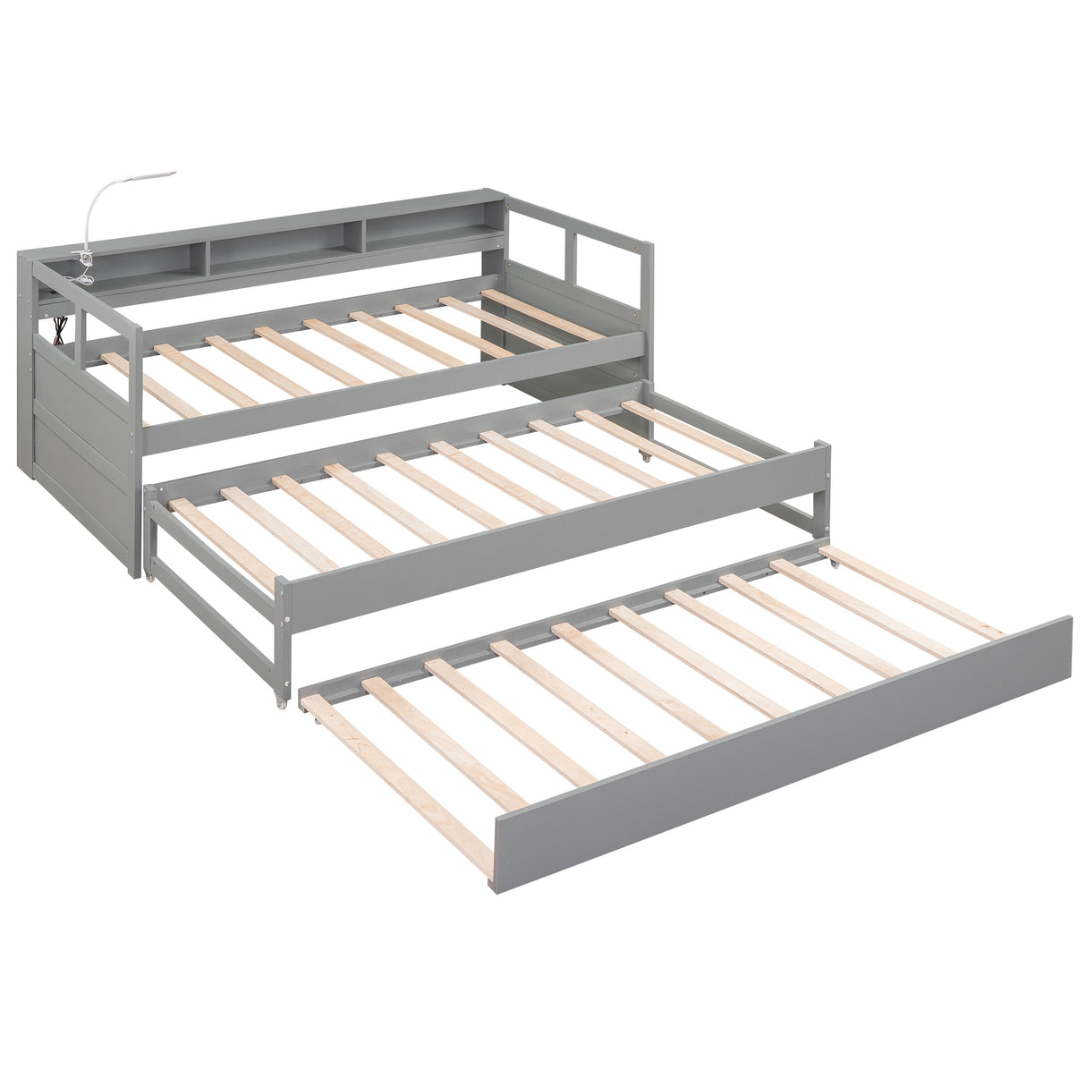 Twin XL Wood Daybed with 2 Trundles, 3 Storage Cubbies, 1 Light for Free and USB Charging Design, Gray - Home Elegance USA