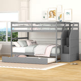 Full-over-Full Bunk Bed with Twin Size Trundle and 3 Storage Stairs,Gray - Home Elegance USA