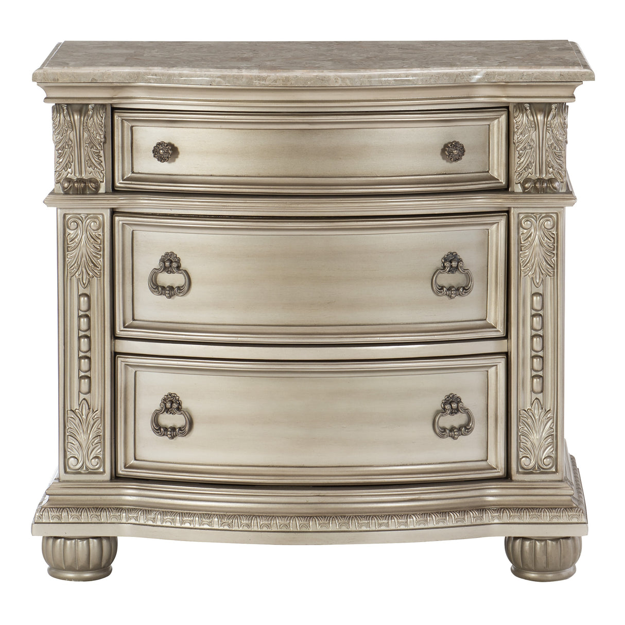 Silver Finish European Design 1pc Nightstand w Genuine Marble Top Traditional Bedroom Furniture - Home Elegance USA