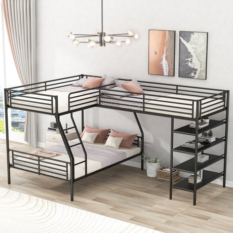 L-Shaped Metal Twin over Full Bunk Bed and Twin Size Loft Bed with Four Built-in Shelves,Black - Home Elegance USA