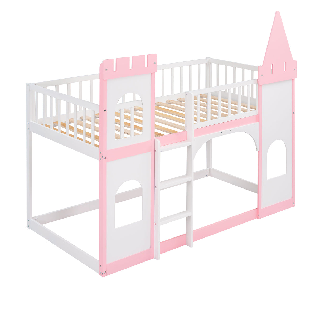 Twin Over Twin Castle Bunk Bed with Ladder - Pink - Home Elegance USA