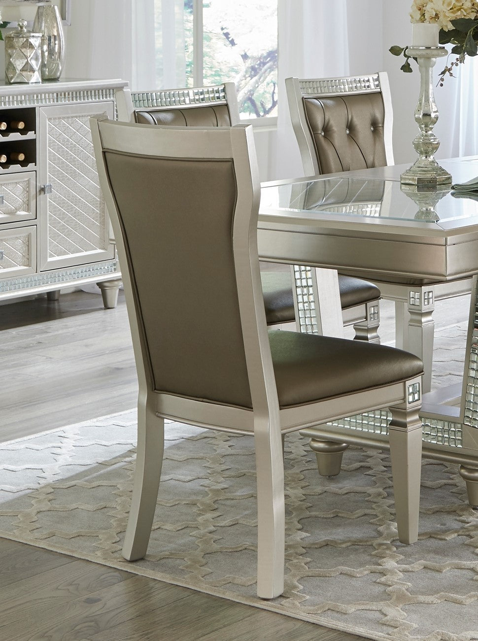 Glamorous Style Dining 7pc Set Champagne Finish Table w Leaf Glass Insert Top Upholstered Tufted 6x Side Chairs Traditional Dining Room Furniture - Home Elegance USA
