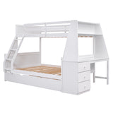 Twin over Full Bunk Bed with Trundle and Built-in Desk, Three Storage Drawers and Shelf,White - Home Elegance USA