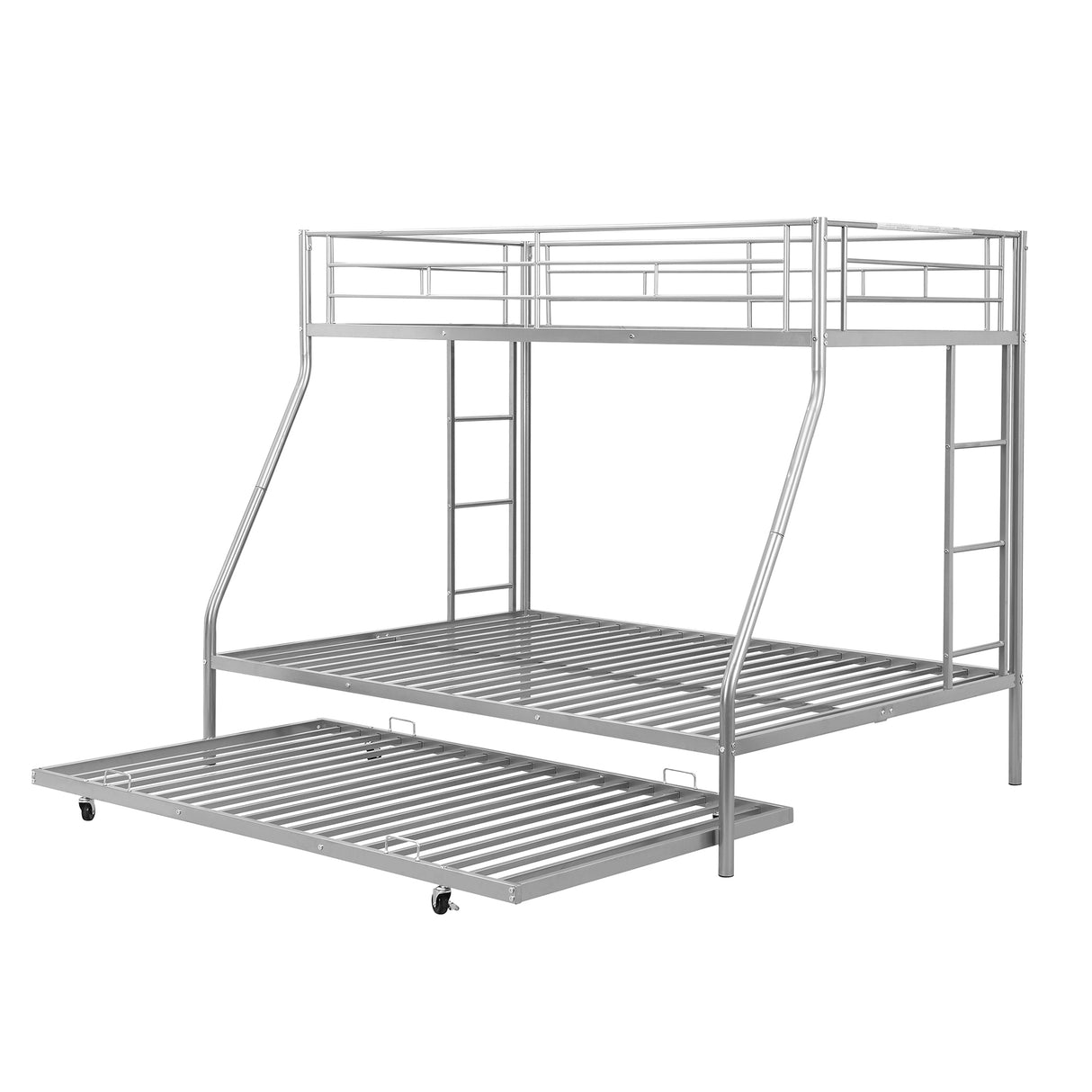 Twin over Full Bed with Sturdy Steel Frame, Bunk Bed with Twin Size Trundle, Two-Side Ladders, Silver