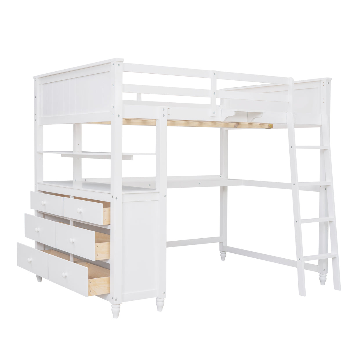 Full size Loft Bed with Drawers and Desk, Wooden Loft Bed with Shelves - White(OLD SKU:LT000529AAK) Home Elegance USA