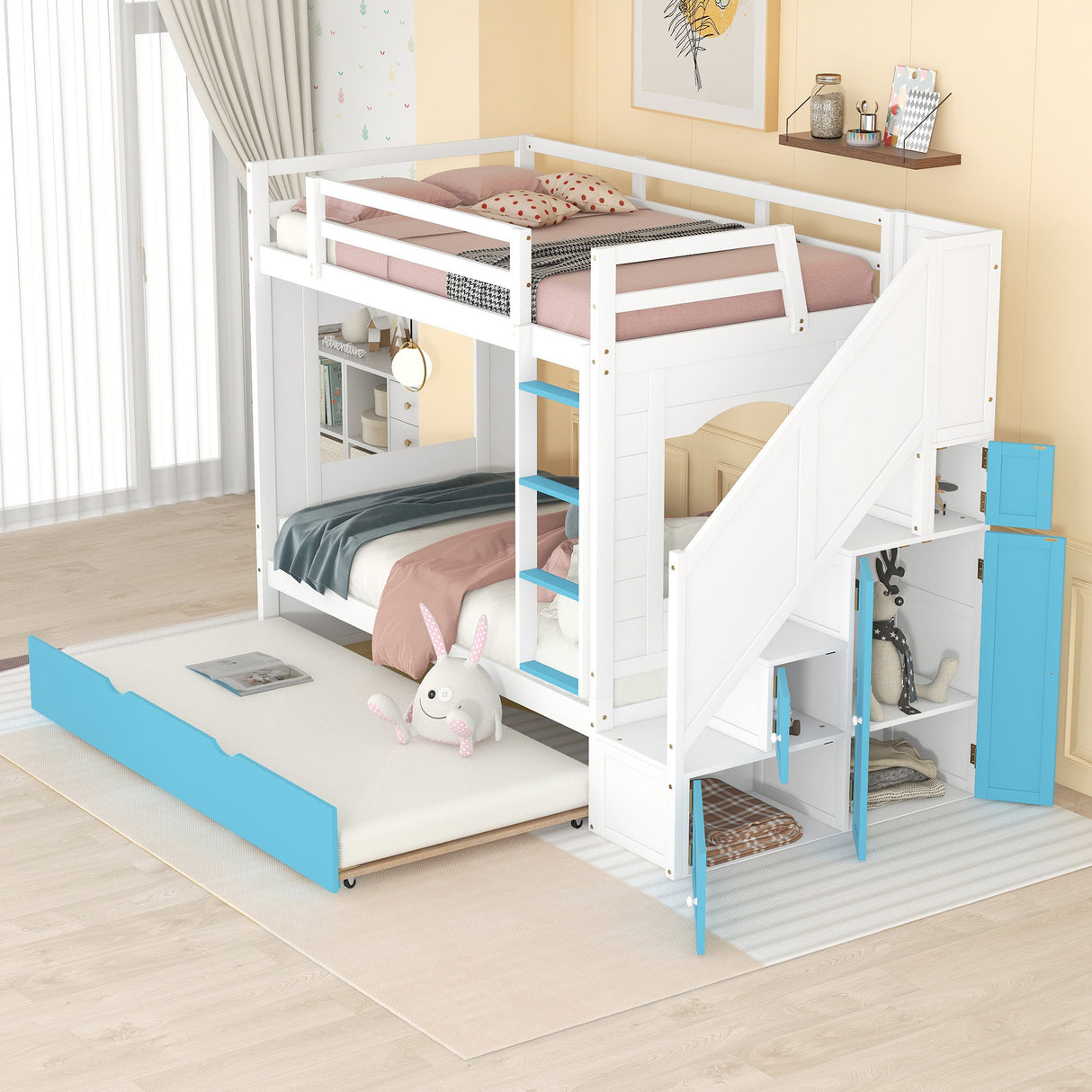 Twin Over Twin Bunk Bed with Trundle ,Stairs,Ladders Solid Wood Bunk bed with Storage Cabinet （White + Blue） - Home Elegance USA