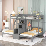 Twin over Twin & Twin Bunk Bed with Built-in Staircase and Storage Drawer,Gray Home Elegance USA