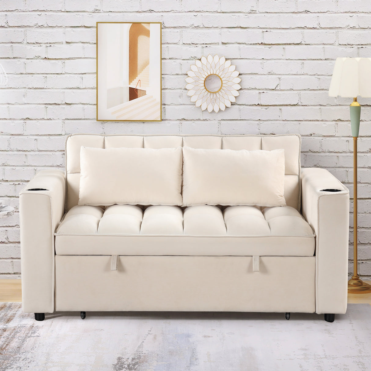 55.3" 4 - 1 Multi - functional Sofa Bed with Cup Holder and USB Port for Living Room or Apartments Milky White - SG000830AAA - image - 3