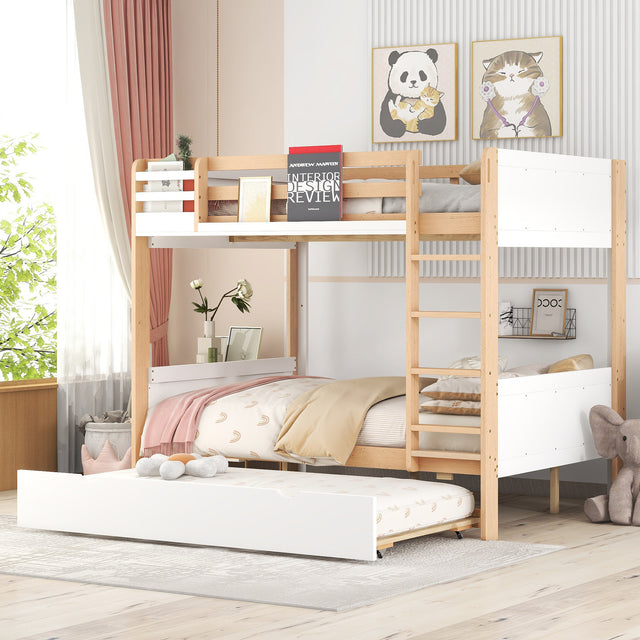 Full over Full Bunk Bed with Storage Shelves, Twin Size Trundle and Ladder, White - Home Elegance USA