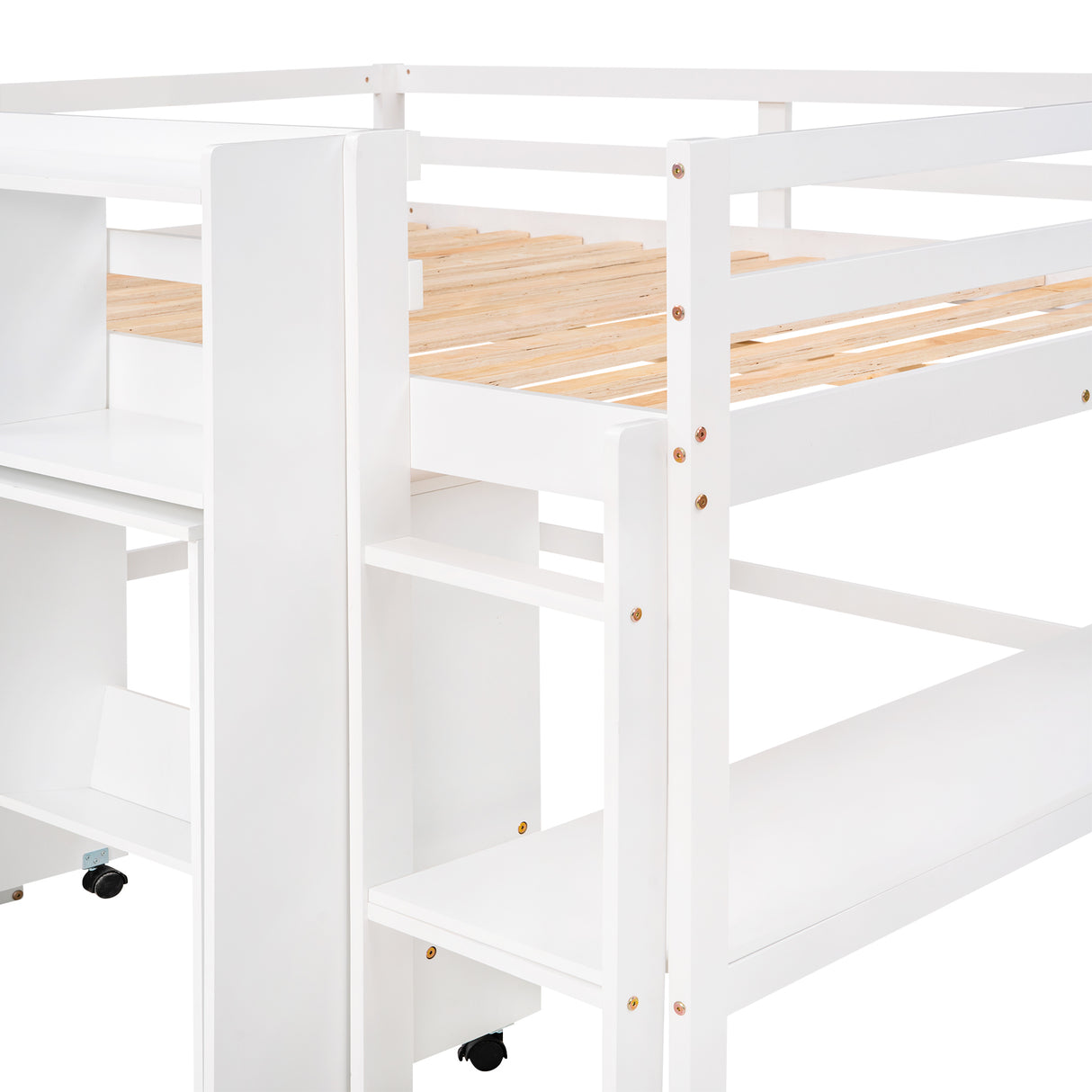 Full Size Low Loft Bed with Rolling Portable Desk, Drawers and Shelves,  White - Home Elegance USA