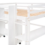 Full Size Low Loft Bed with Rolling Portable Desk, Drawers and Shelves,  White - Home Elegance USA