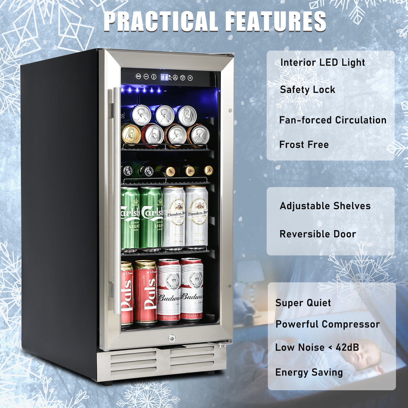 Built-in and Freestanding 15" Mini Beverage Refrigerator/Wine Cabinet, 120 Cans, 34-65°F, Quiet, Adjustable Shelves, LED Lighting, ETL , Touch Controls, Defrost, Double Glass Door, Kitchen/Bar /office