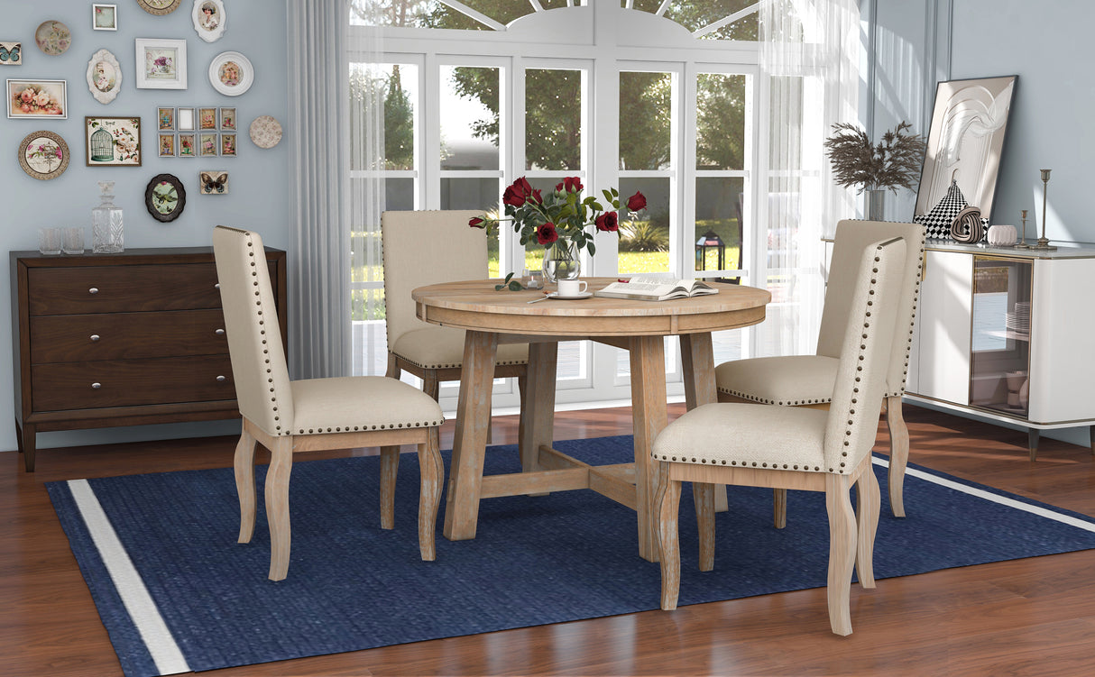 TREXM 5-Piece Farmhouse Dining Table Set Wood Round Extendable Dining Table and 4 Upholstered Dining Chairs (Natural Wood Wash) - Home Elegance USA