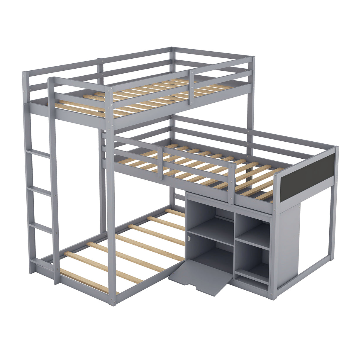 L-shaped Wood Triple Twin Size Bunk Bed with Storage Cabinet and Blackboard, Ladder, Gray - Home Elegance USA