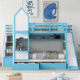 Full-Over-Full Castle Style Bunk Bed with 2 Drawers 3 Shelves and Slide - Blue