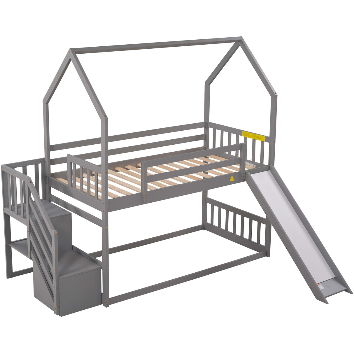 Twin over Twin House Bunk Bed with Convertible Slide,Storage Staircase can be Placed Left or Right,Gray - Home Elegance USA