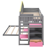 Twin over Full House Bunk Bed with Pink Staircase and Drawer,  Shelves Under the Staircase, House Shaped Bed with Windows, Gray - Home Elegance USA