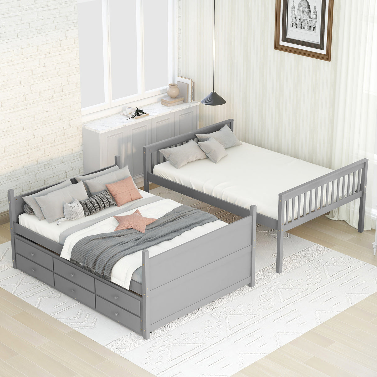 FULL OVER FULL BUNKBED WITH TWIN TRUNDLE AND 3 DRAWERS - Home Elegance USA