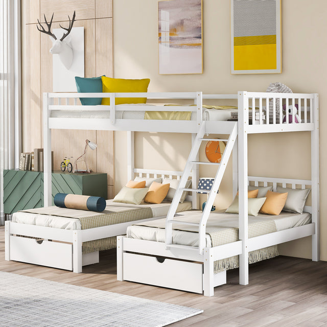 Full Over Twin & Twin Bunk Bed, Wood Triple Bunk Bed with Drawers and Guardrails, White (OLD SKU: LP000143AAK) - Home Elegance USA