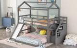 Twin over Full House Bunk Bed with Convertible Slide and Storage Staircase,Full-Length Guardrail,Gray - Home Elegance USA