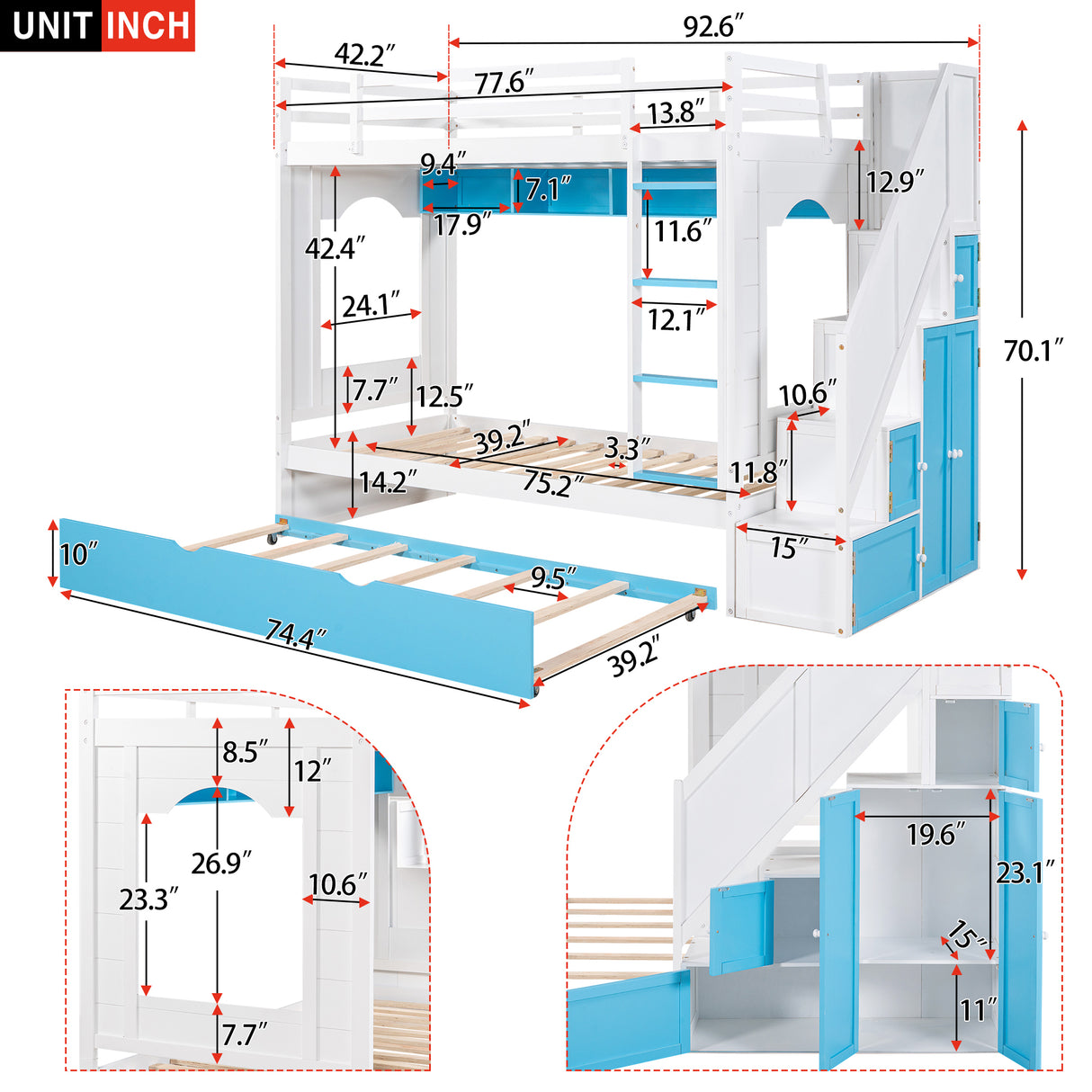 Twin Over Twin Bunk Bed with Trundle ,Stairs,Ladders Solid Wood Bunk bed with Storage Cabinet （White + Blue） - Home Elegance USA