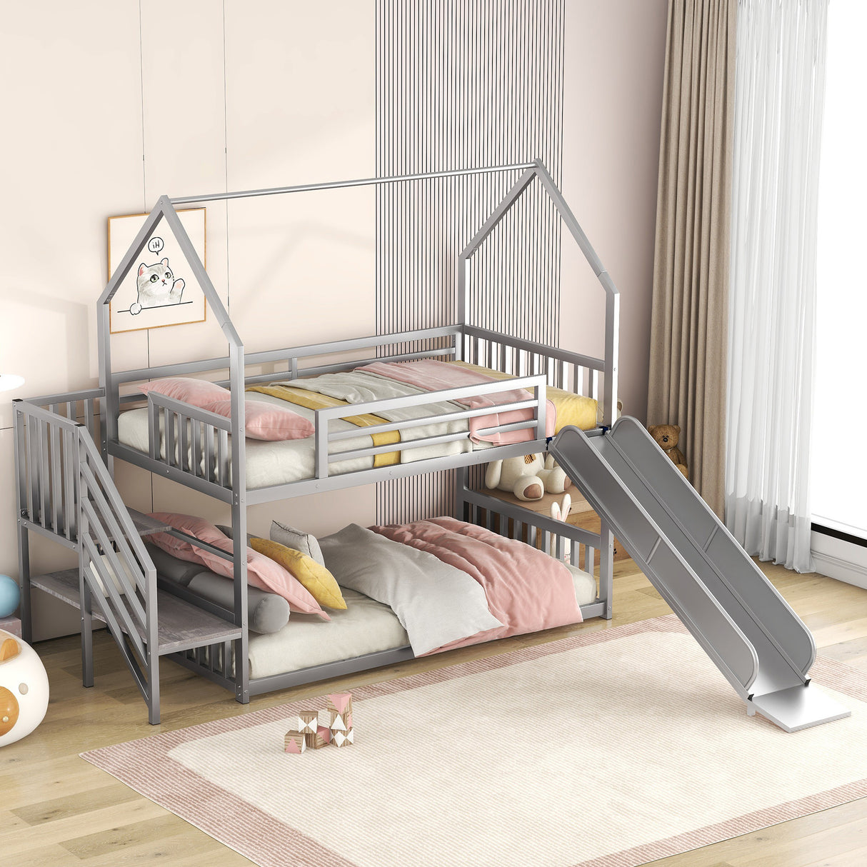 Twin over Twin Metal Bunk Bed House Bed with Slide and Staircase, Silver - Home Elegance USA