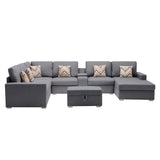 Nolan Gray Linen Fabric 8Pc Reversible Chaise Sectional Sofa with Interchangeable Legs, Pillows, Storage Ottoman, and a USB, Charging Ports, Cupholders, Storage Console Table - Home Elegance USA