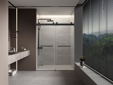 60" W x 76" H Double Sliding Frameless Soft-Close Shower Door with Premium 3/8 Inch (10mm)  Thick Tampered Glass in Matte Black Stainless Steel 22D02-60MB