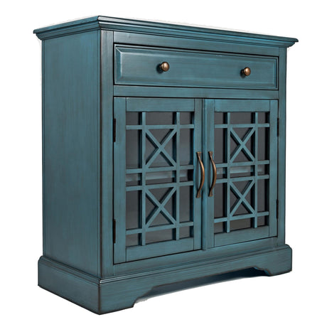 Craftsman Series 32 Inch Wooden Accent Cabinet with Fretwork Glass Front, Blue - Home Elegance USA