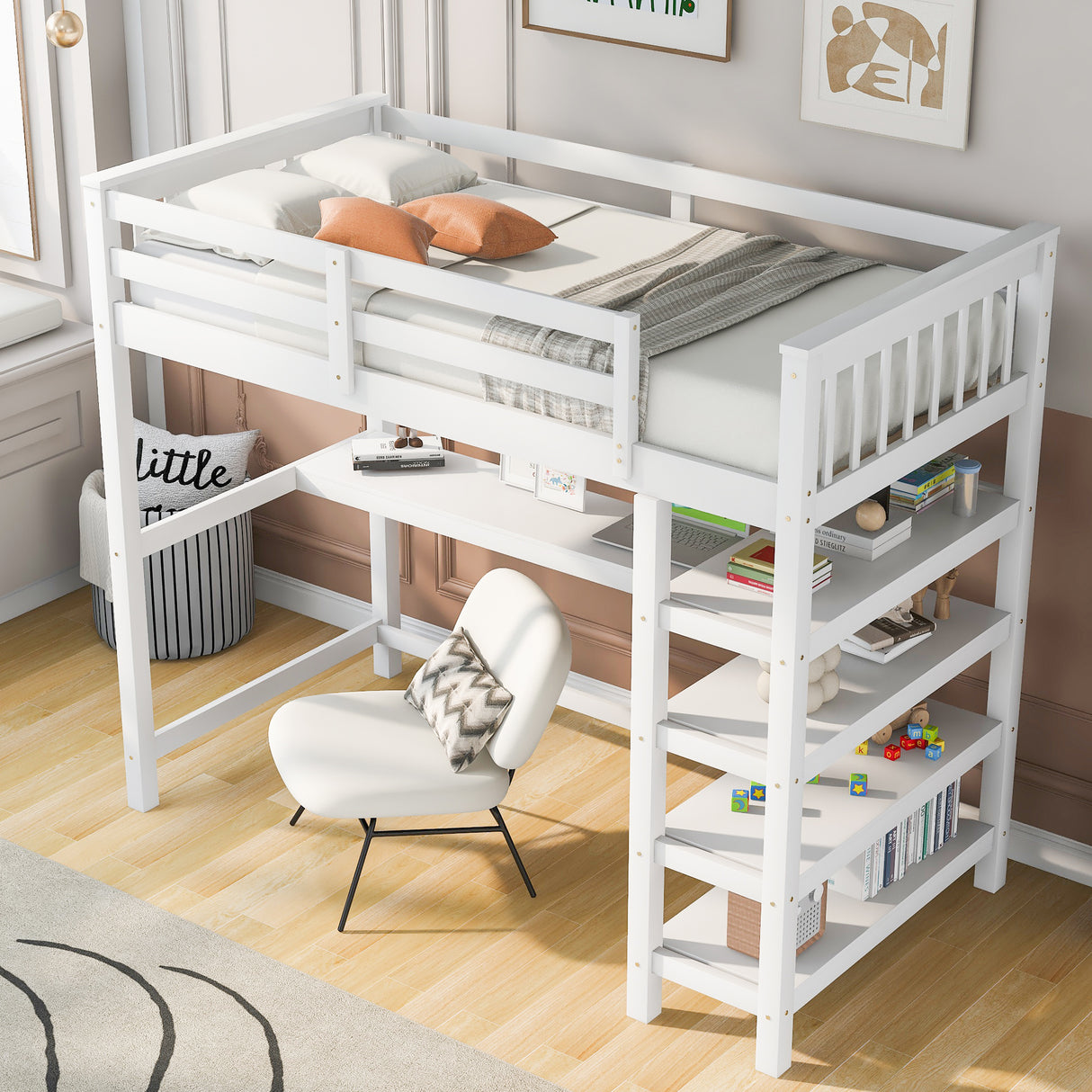 Twin Size Loft Bed with Storage Shelves and Under-bed Desk, White - Home Elegance USA