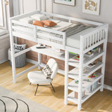 Twin Size Loft Bed with Storage Shelves and Under-bed Desk, White - Home Elegance USA