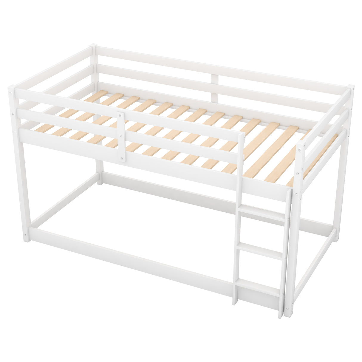 Twin over Twin Floor Bunk Bed with Ladder , White(Old SKU:WF281727AAK/WF286602AAK) - Home Elegance USA