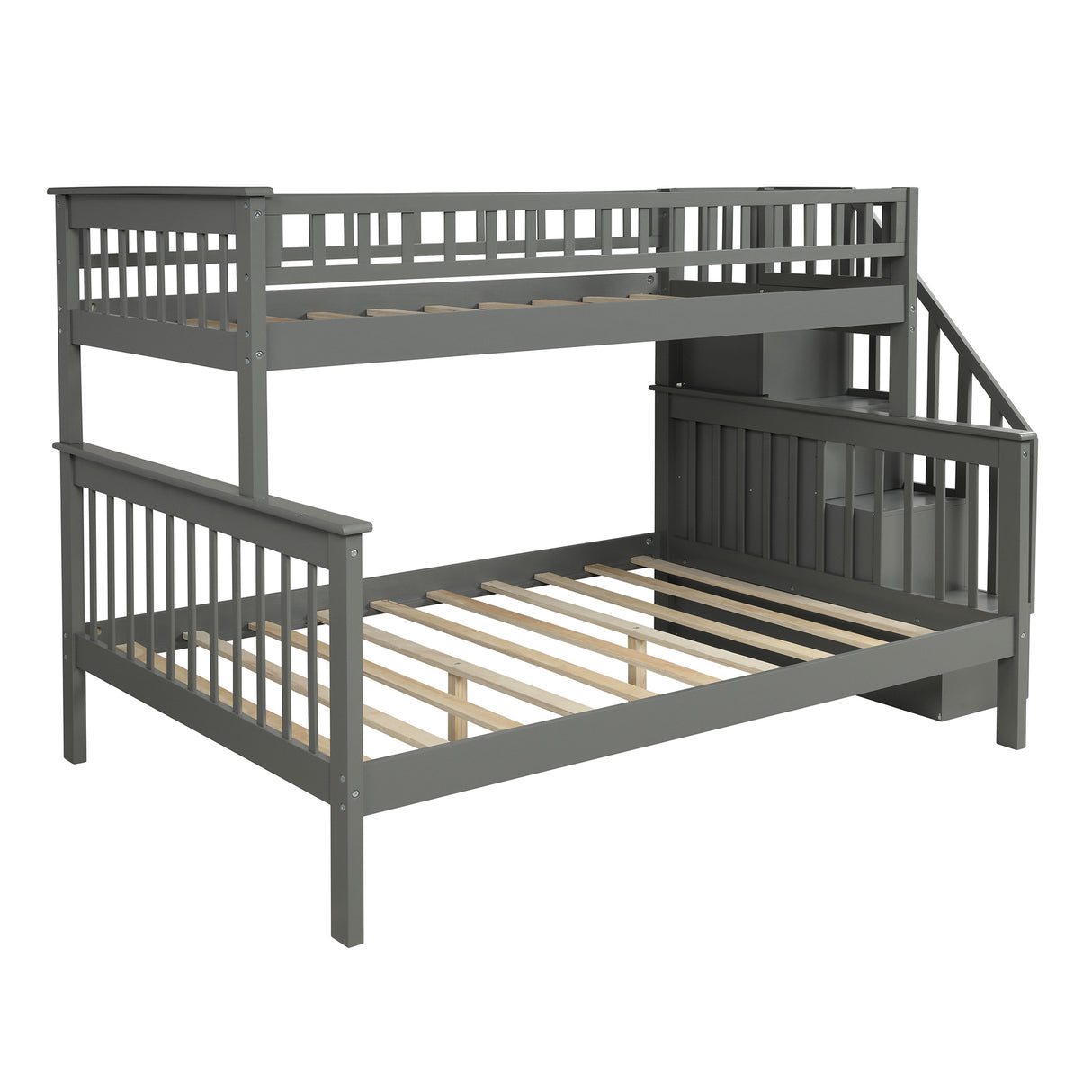 Twin over Full Bunk Bed with Shelves, Gray - Home Elegance USA