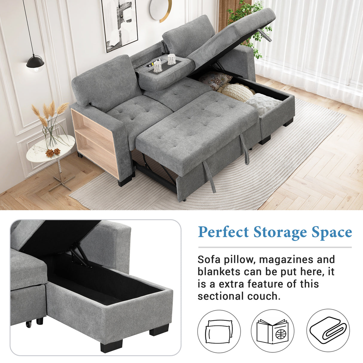 Stylish and Functional Light Chaise Lounge Sectional with Storage Rack Pull-out Bed Drop Down Table  and USB Charger Gray - Home Elegance USA