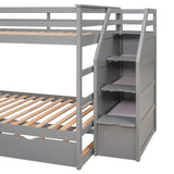 Full-over-Full Bunk Bed with Twin Size Trundle and 3 Storage Stairs,Gray - Home Elegance USA