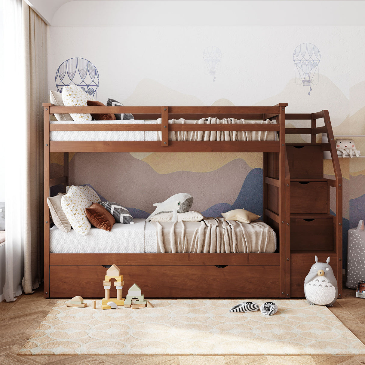 Twin-Over-Twin Bunk Bed with Twin Size Trundle and 3 Storage Stairs,Walnut (OLD SKU :LP000064AAD) - Home Elegance USA