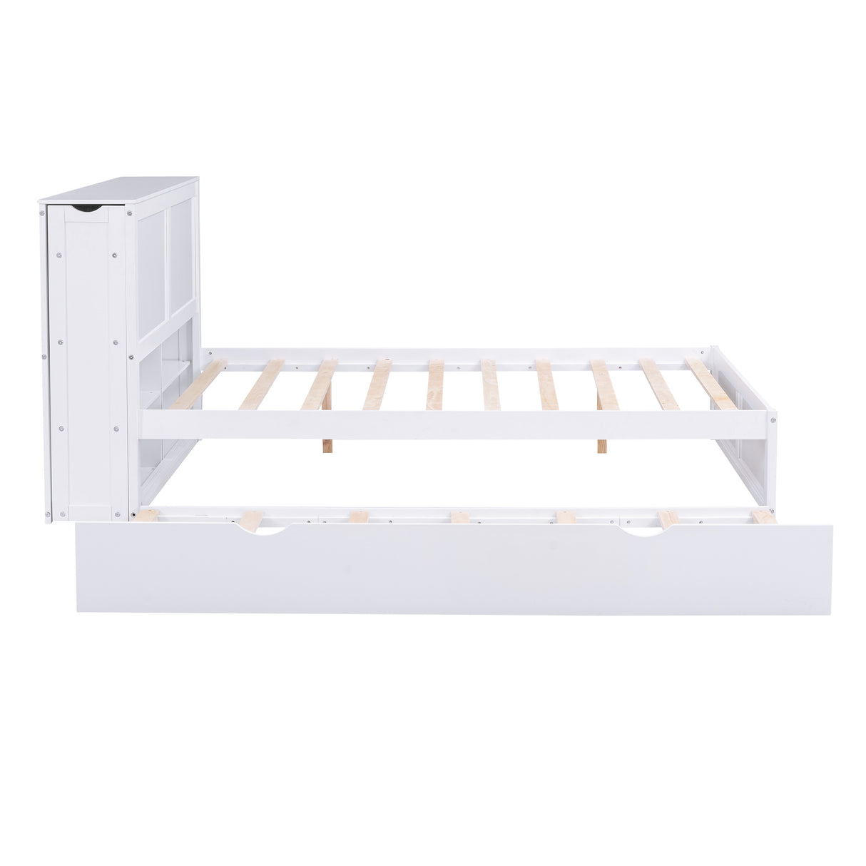 Full Size Storage Platform Bed with Pull Out Shelves and Twin Size Trundle, White - Home Elegance USA