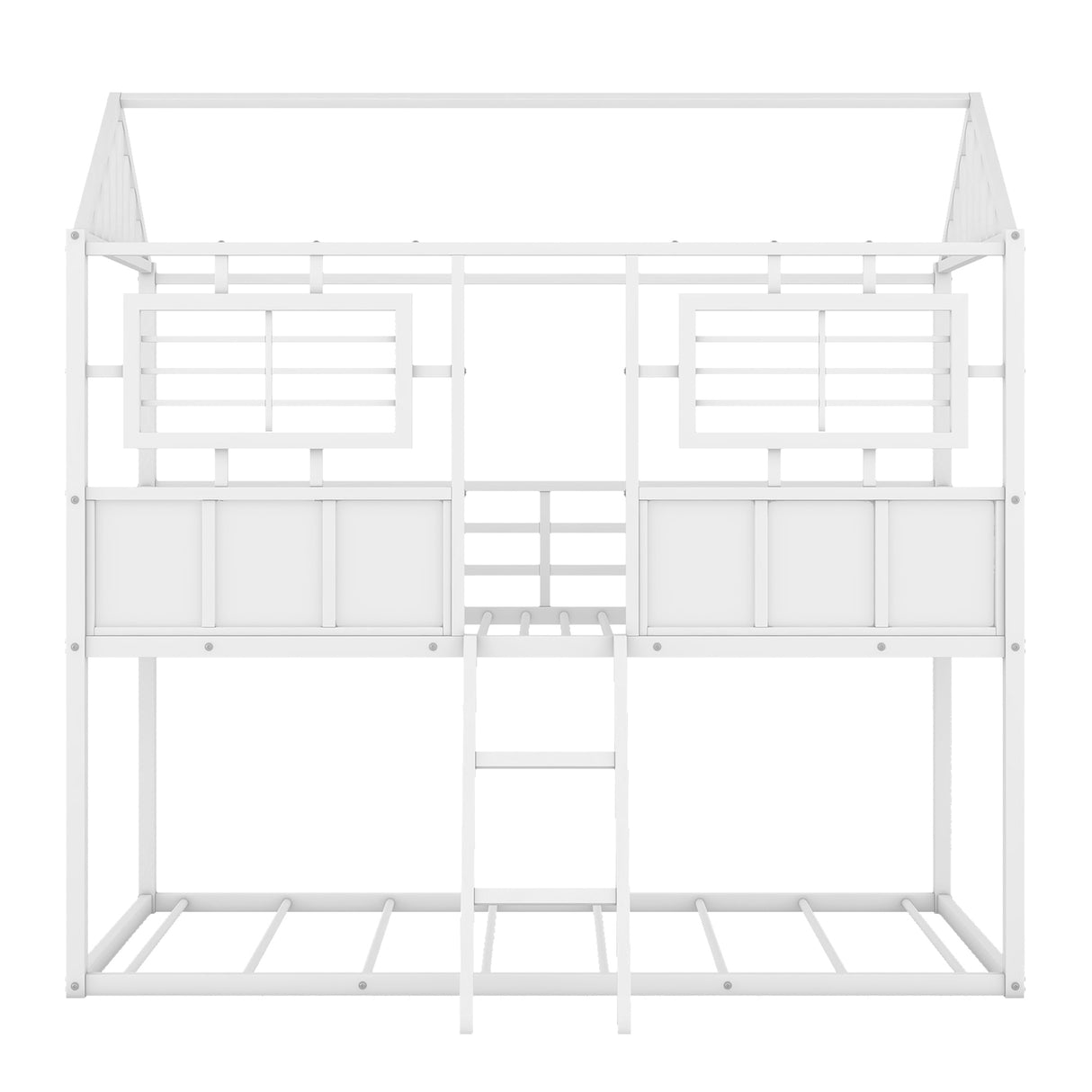 Twin over Twin Size Metal Low Bunk Beds with Roof and Fence-shaped Guardrail, White - Home Elegance USA