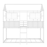 Twin over Twin Size Metal Low Bunk Beds with Roof and Fence-shaped Guardrail, White - Home Elegance USA