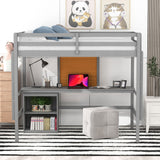 Twin size Loft Bed with Desk and Writing Board, Wooden Loft Bed with Desk & 2 Drawers Cabinet- Gray - Home Elegance USA