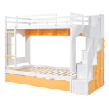 Twin Over Twin Bunk Bed with Trundle ,Stairs,Ladders Solid Wood Bunk bed with Storage Cabinet （White + Yellow） - Home Elegance USA