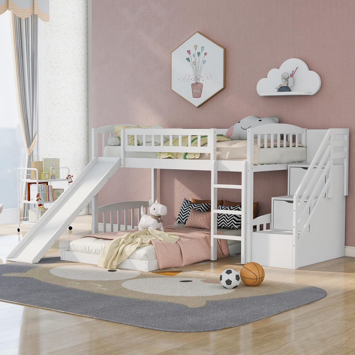 Stairway Twin over Twin Bunk Bed with Two Drawers and Slide, White(OLD SKU :LP000156AAK) - Home Elegance USA