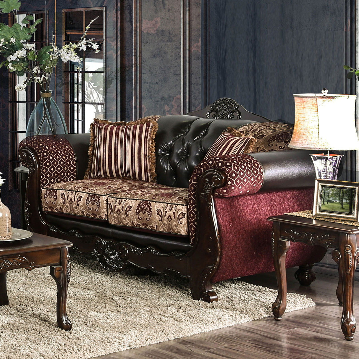 Quirino - Sofa & Loveseat - Burgundy / Dark Brown - Home Elegance USA